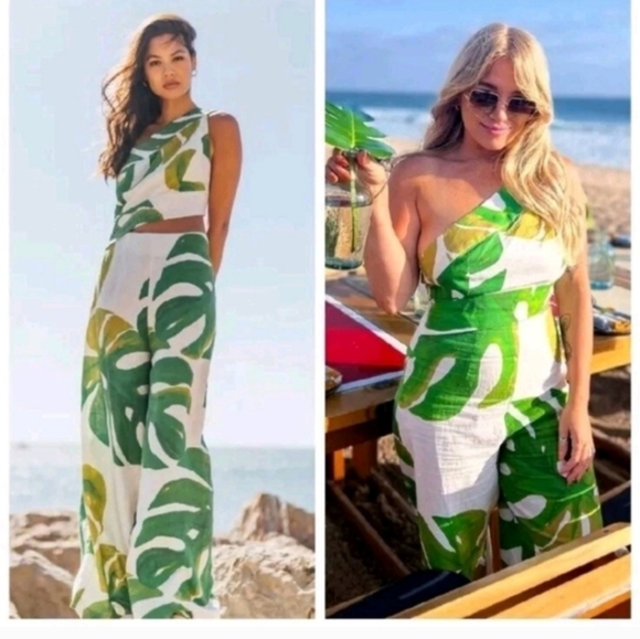 Farm Rio One Shoulder Linen Leaf Jumpsuit - Picture 2 of 6